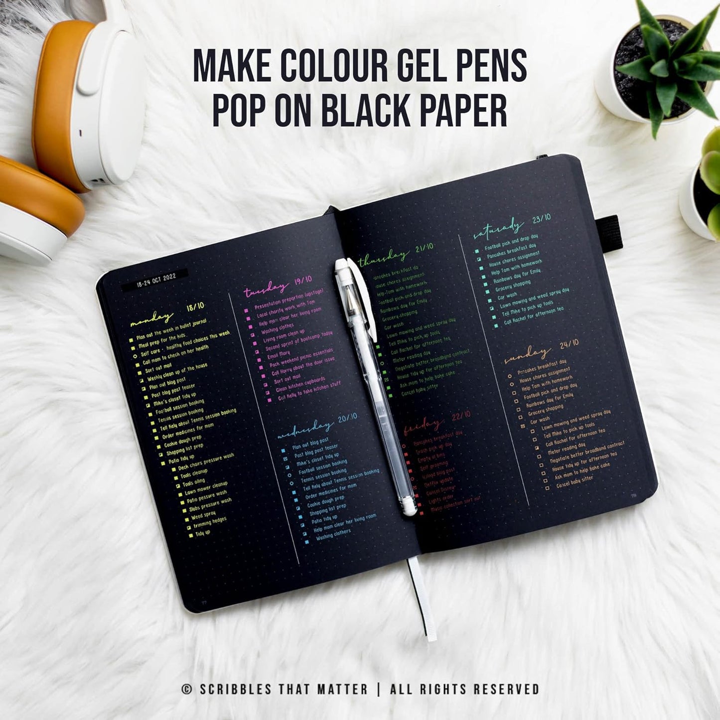 Black Paper Bullet Dotted Journal Notebook | B5 Starry Night by Scribbles That Matter | Free white gel pen | 160gsm Blackout no-bleed dot grid paper | For Men and Women | 7 x 10 in | Black