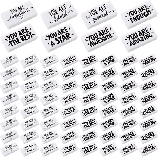 PerKoop 100 Pcs Back to School Inspirational Small Pencil Erasers Bulk for Kids, White Cute Fun Motivational Erasers Gifts for Teachers Students Classroom Reward First Day of School Supplies