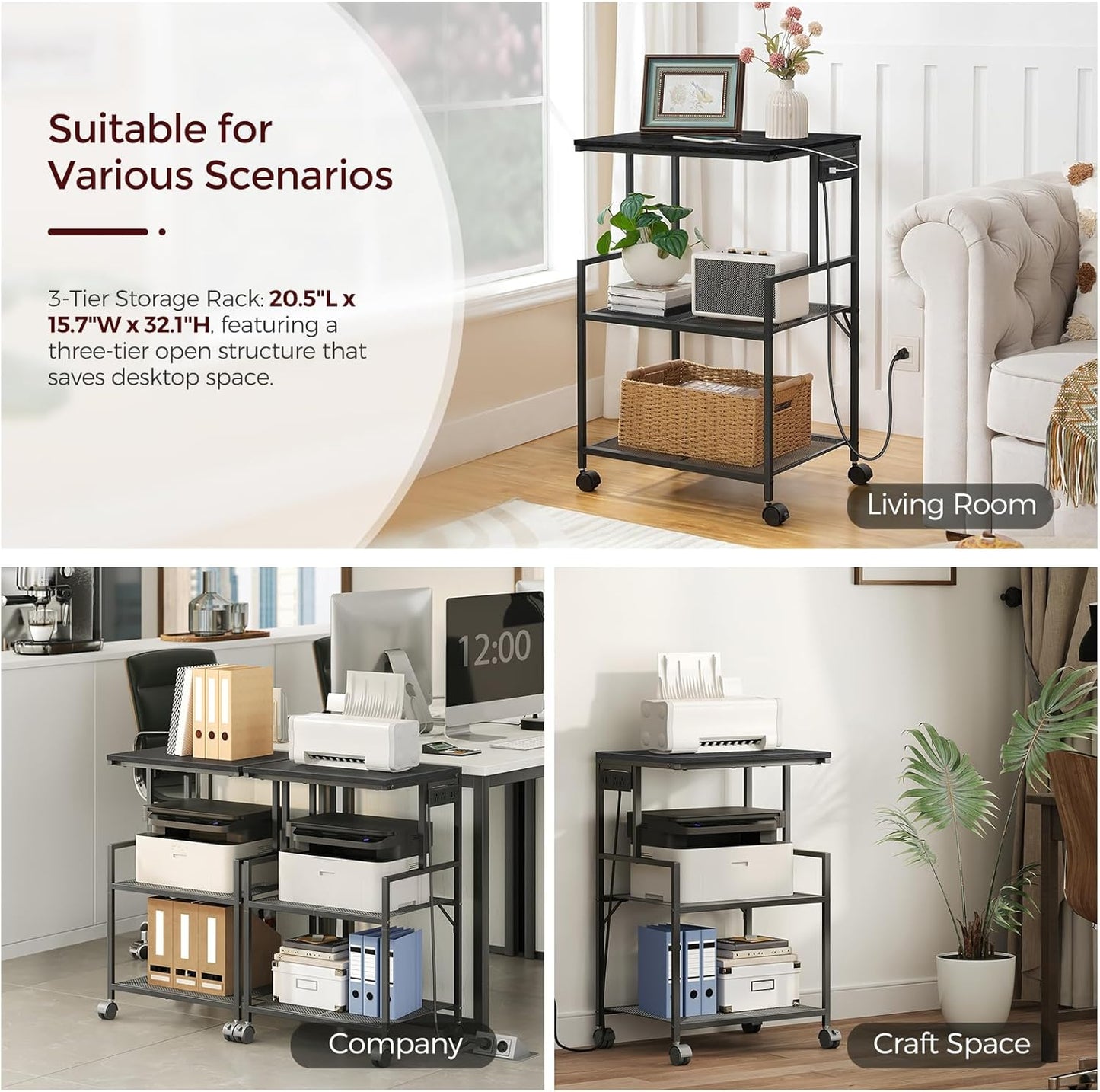 Mobile Printer Stand, 3-Tier Industrial Printer Cart with Power Outlets and 2 USB Ports, Rolling Printer Table on Wheels for Home Offices Kitchen Organization Rack, Black PTHB78E01