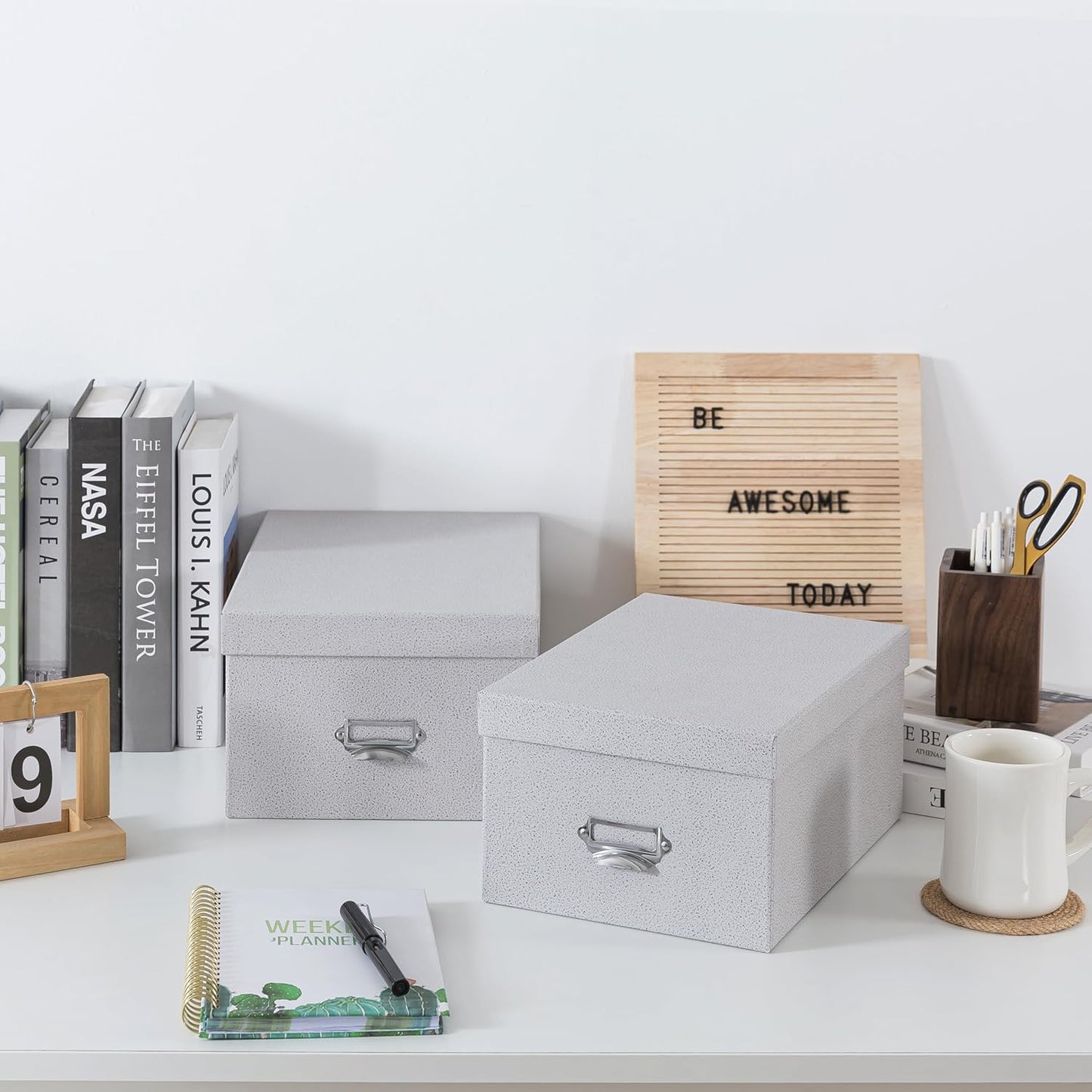 Soul & Lane Decorative Cardboard Storage Boxes with Lids, Set of 2 Stacking Keepsake Photo and Memory Boxes for Home & Office, Paperboard Organizers with Label Holders and Drawer Pulls, Cloud Gray