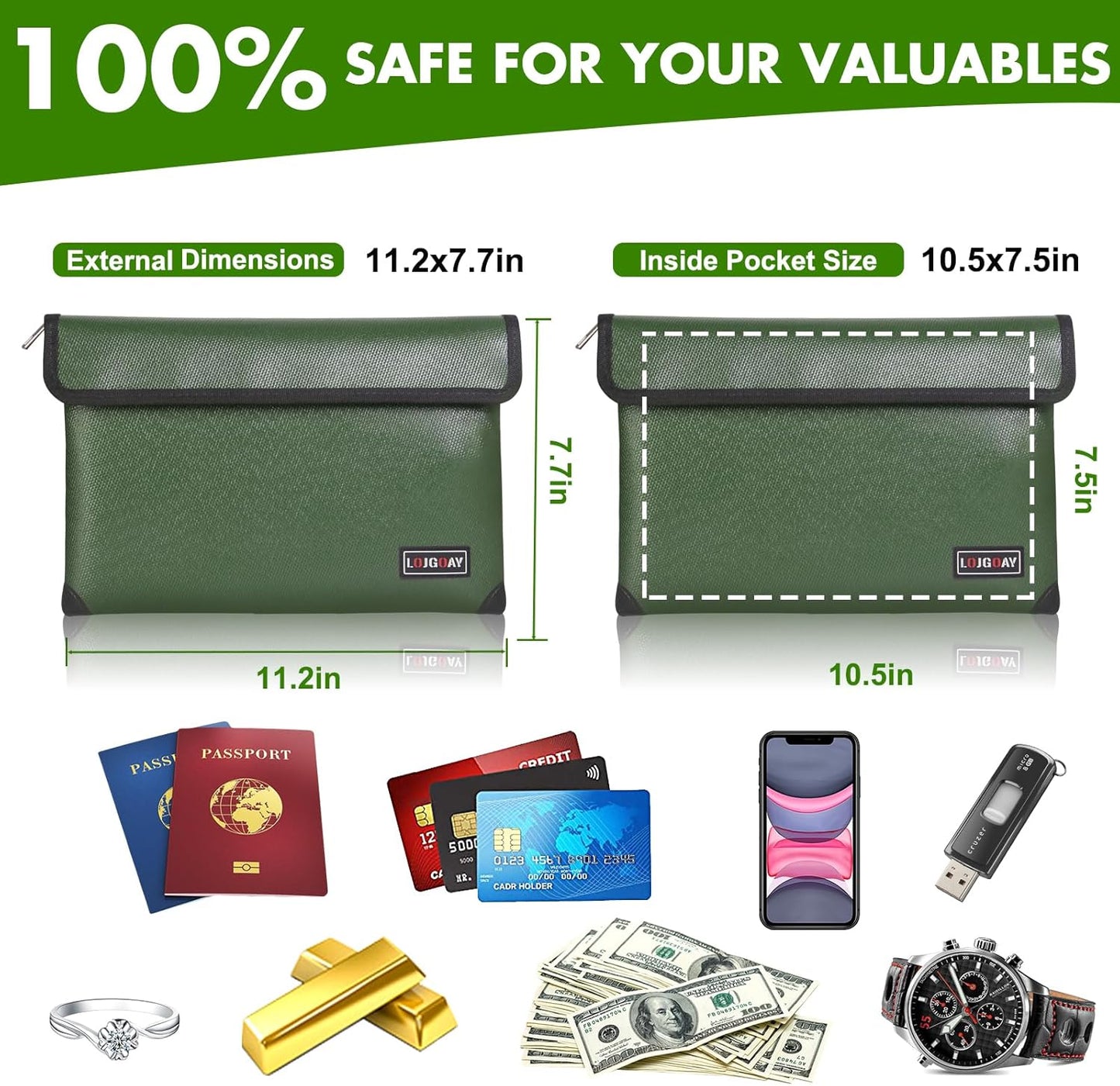 Fireproof Document Bag - with 5200°F Heat Insulated, Waterproof Fireproof Bag with Zipper, Fireproof Money Bag for Cash/Documents/Valuables, Fire bag (Green, 11"x7.7")