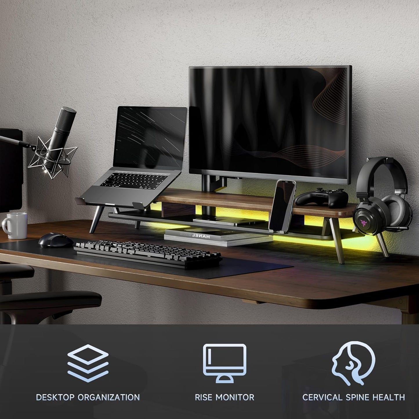 Fenge Dual Monitor Stand, Monitor Riser for 2 Monitors with Adjustable Laptop Riser , 42.5 Inch Desk Shelf for Top of Desk with Phone Holder& Headphone Stand