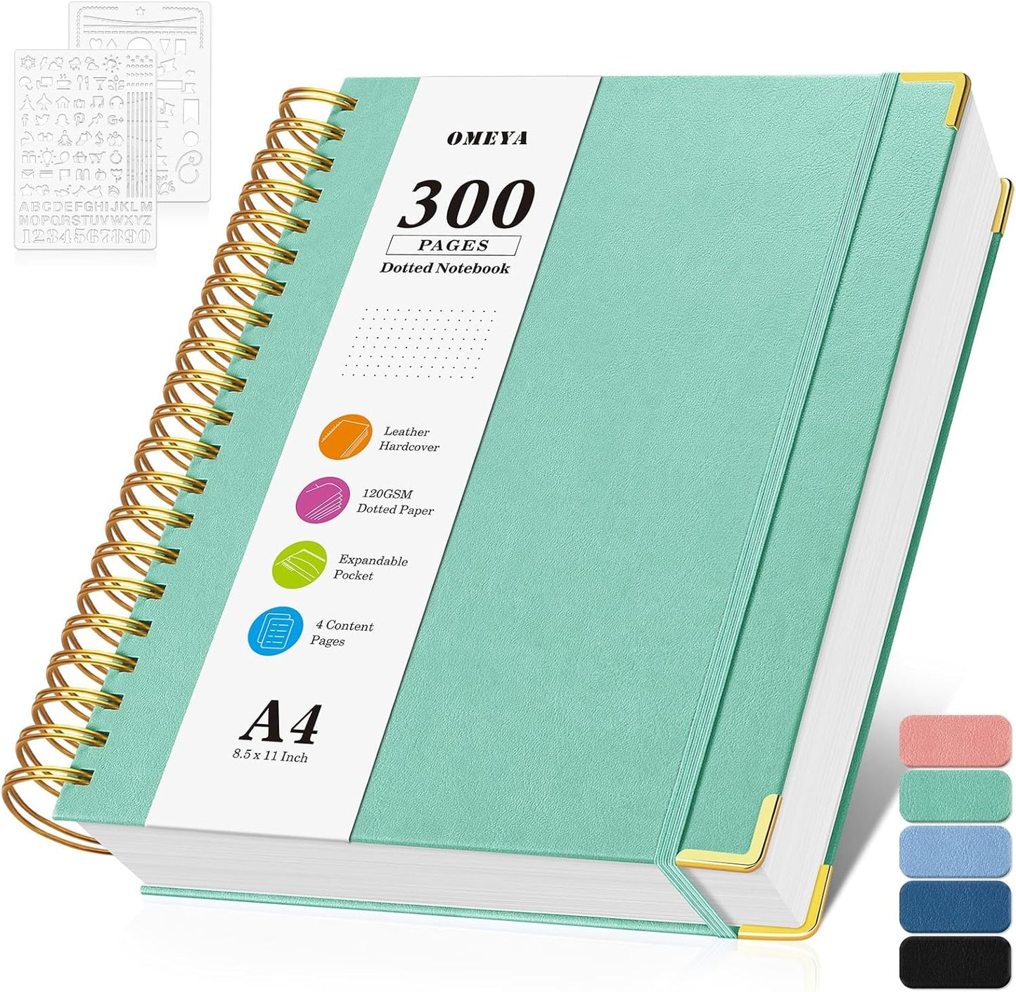 Bullet Dotted Journal Spiral Notebook, 300 Pages Leather Notebooks with Contens, 120 GSM Thick No Bleed Through Paper Journals, A4 Large Dot Grid Notebook for Women Men Work Writing, 8.5" x 11", Green