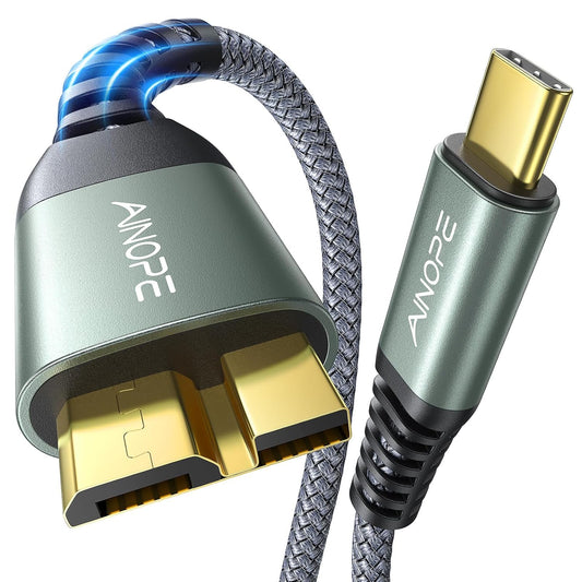 AINOPE External Hard Drive Cord 10Gbps Micro B to USB C External Hard Drive USB C to Micro B Cable Nylon Braided for MacBook Air/Pro, Seagate, WD Toshiba, SSD, iPhone, iPad, Camera, 1.6FT, Grey