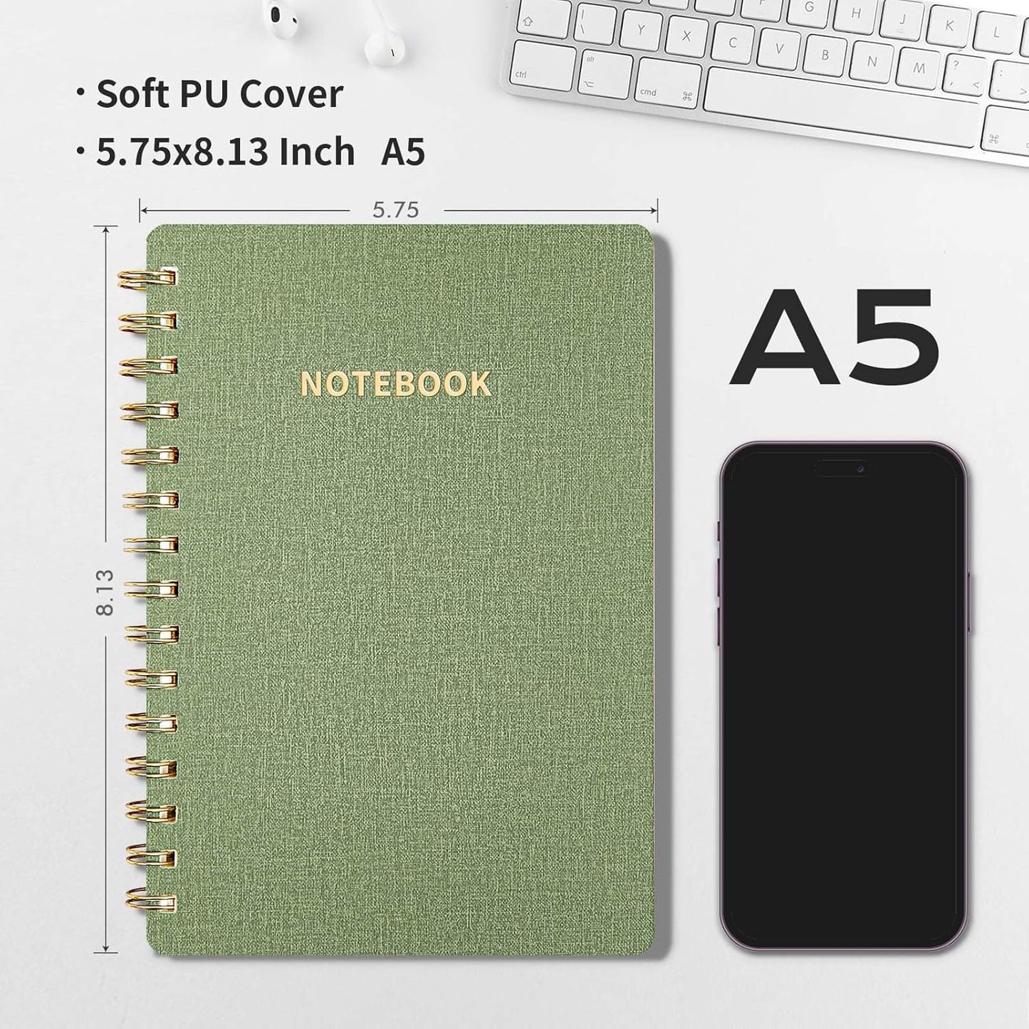 Lined Spiral Notebook College Ruled A5 Journal Book for Note Taking, 160 Pages Writing Journal for Office and Home School Supplies 5.75x8.125 inch (1ArmyGreen)