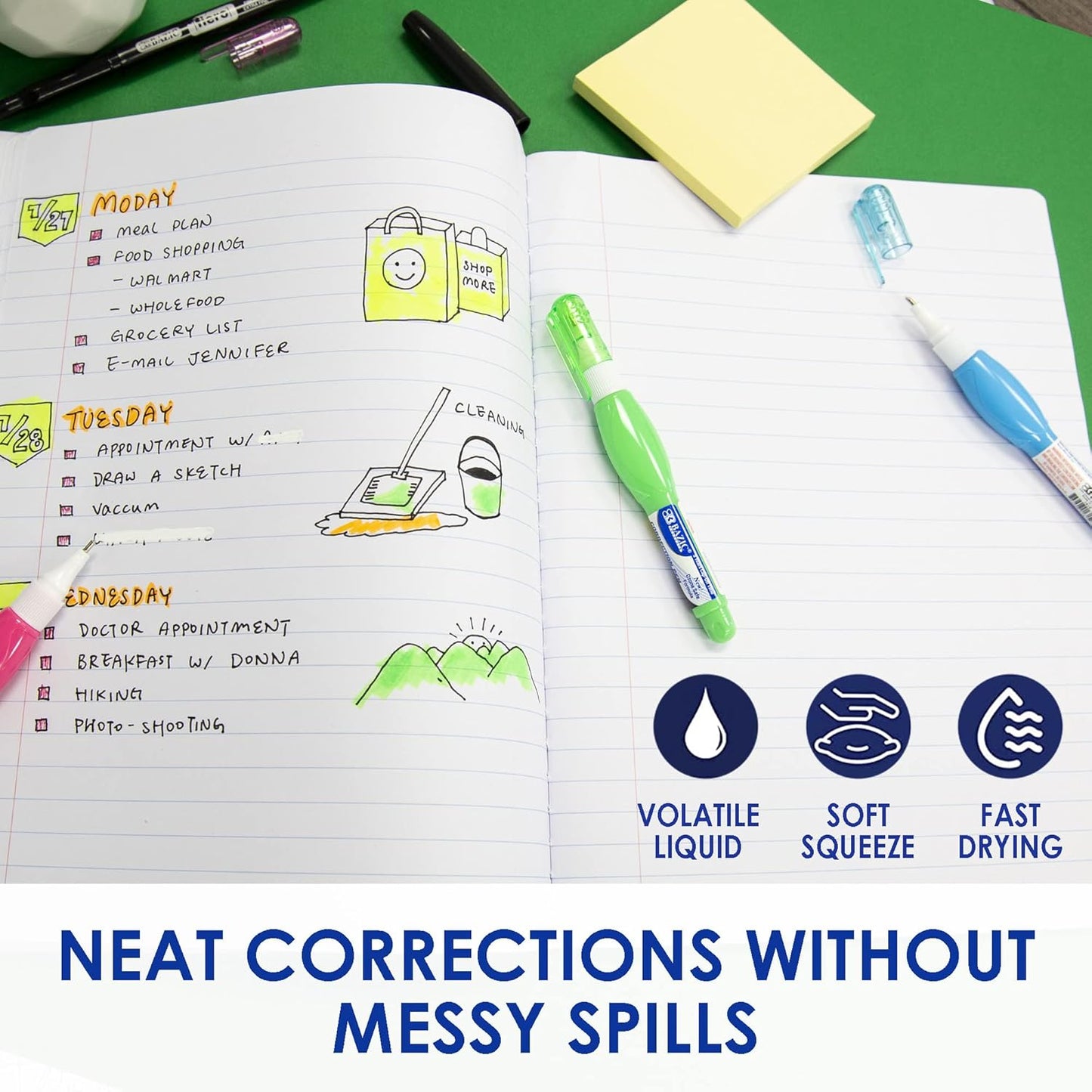 BAZIC Correction Pen (0.1 oz / 3 ml), Precise Metal Tip Applicator, Fine Point Corrections Fluid, Squeeze White Out Wipe Out Liquid (3/Pack), 2-Packs