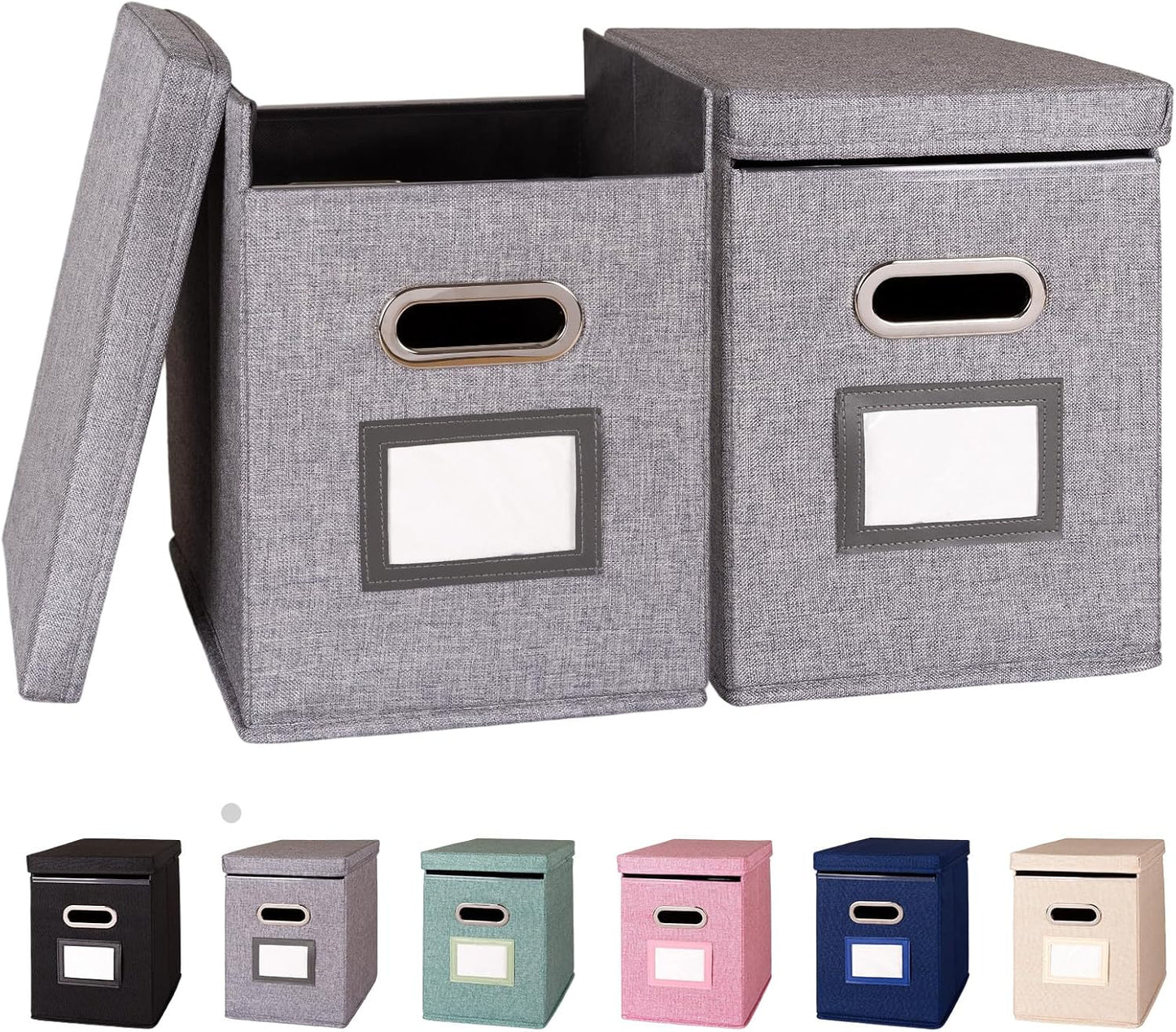 2 Pack Hanging File Folders Organizer with Lid, Letter Size Fabric File Storage Box Collapsible, Portable Office Document Holder with Metal Handle, Smooth PVC Rails, Gray