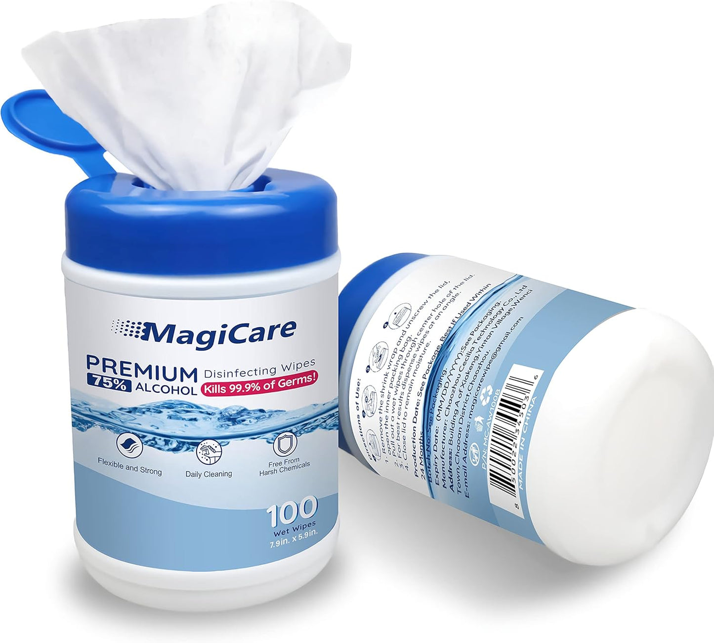 MagiCare 75% Large Alcohol Wipes (2 Canisters) - Hand Sanitizing Wipes - Hand Sanitizer Wipe, Unscented, Premium - Home, Classroom, Camping - 2, 100ct Canisters (200pcs)
