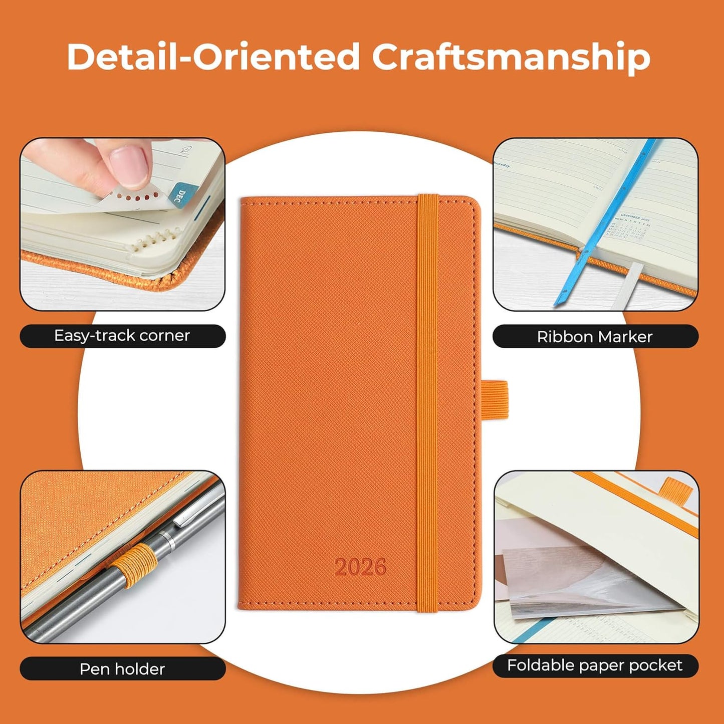 Weekly Monthly 2026 Planner (Jan.26-Dec.26),6.5"x3.75",12 Months Agenda Plan with Month Tabs & Pocket,Expenses/Note Pages, Appointment Book Calendar with Hardcover Vegan Leather Cover,Orange