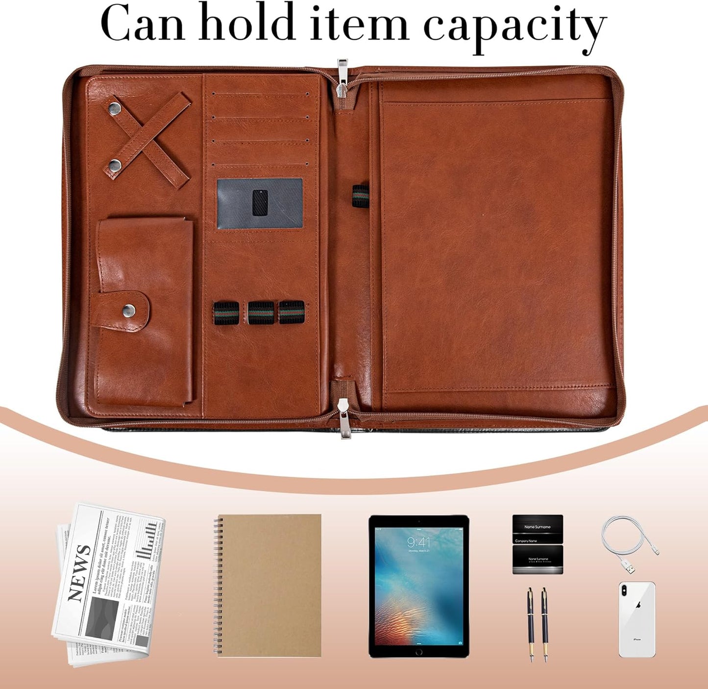 Padfolio with Zipper, Portfolio Binder, Leather Portfolio with Zipper for Men Women, Portfolio Organizer, Padfolio Business Resume A4/Pad, Brown