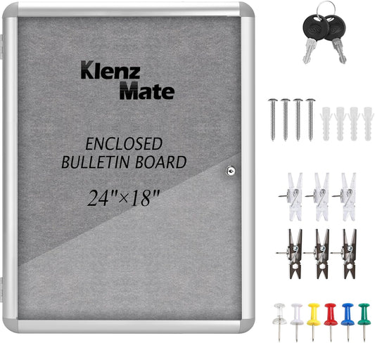 24"x18" Enclosed Bulletin Board Tamper-Proof Dispaly Case,Grey Fabric&Aluminium Frame,Shatter Resistant Lockable Bulletin Board with Clear Acrylic Door for School,Office,Mall,Community,Hospital,Church