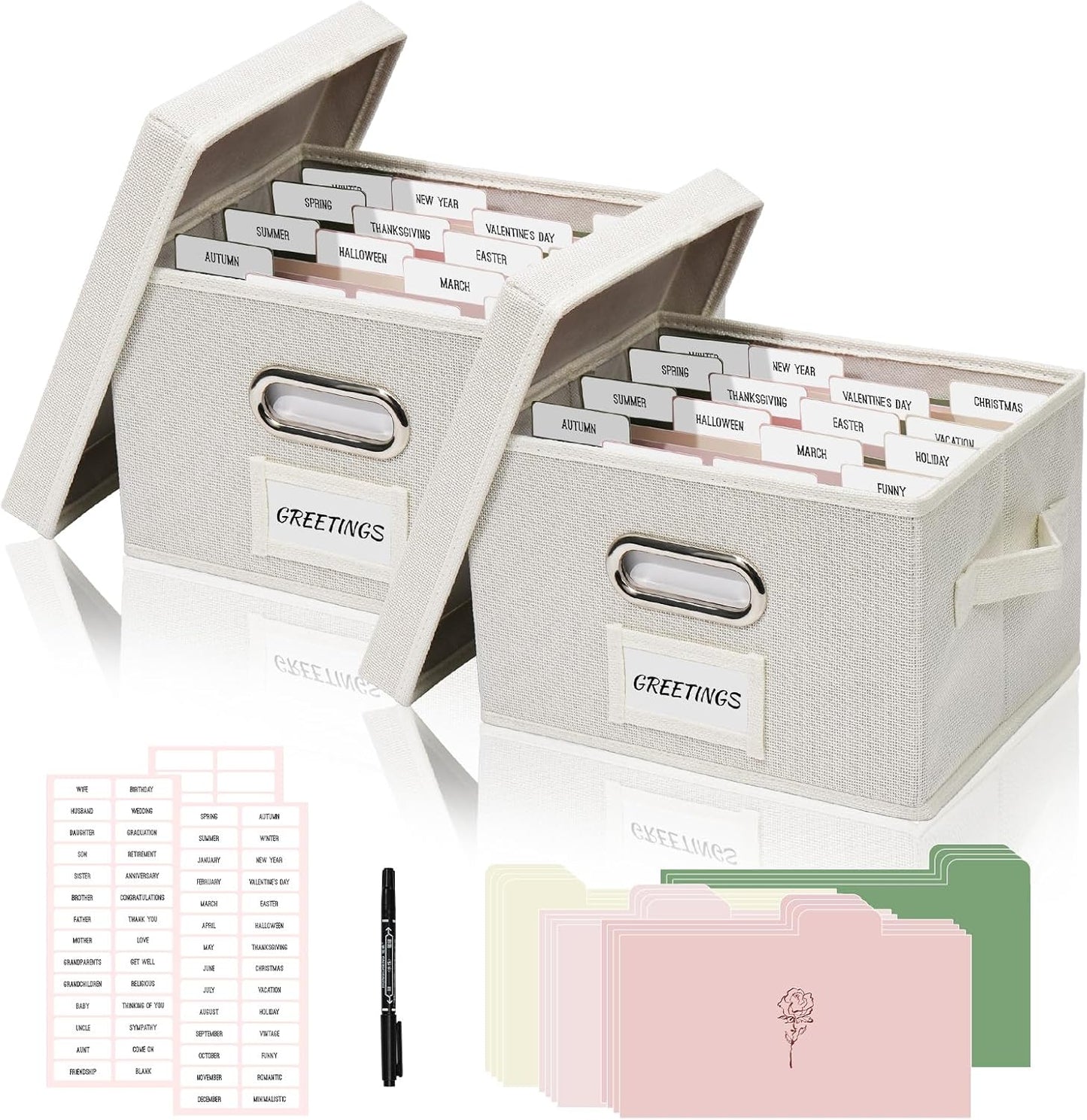 Greeting Card Storage Box, Linen Storage Box with 32 Adjustable Dividers, 168 Labels, 2 Marker Pen, Perfect for Organizing Greeting Cards, Envelopes, Photos 2 Pack Ivory