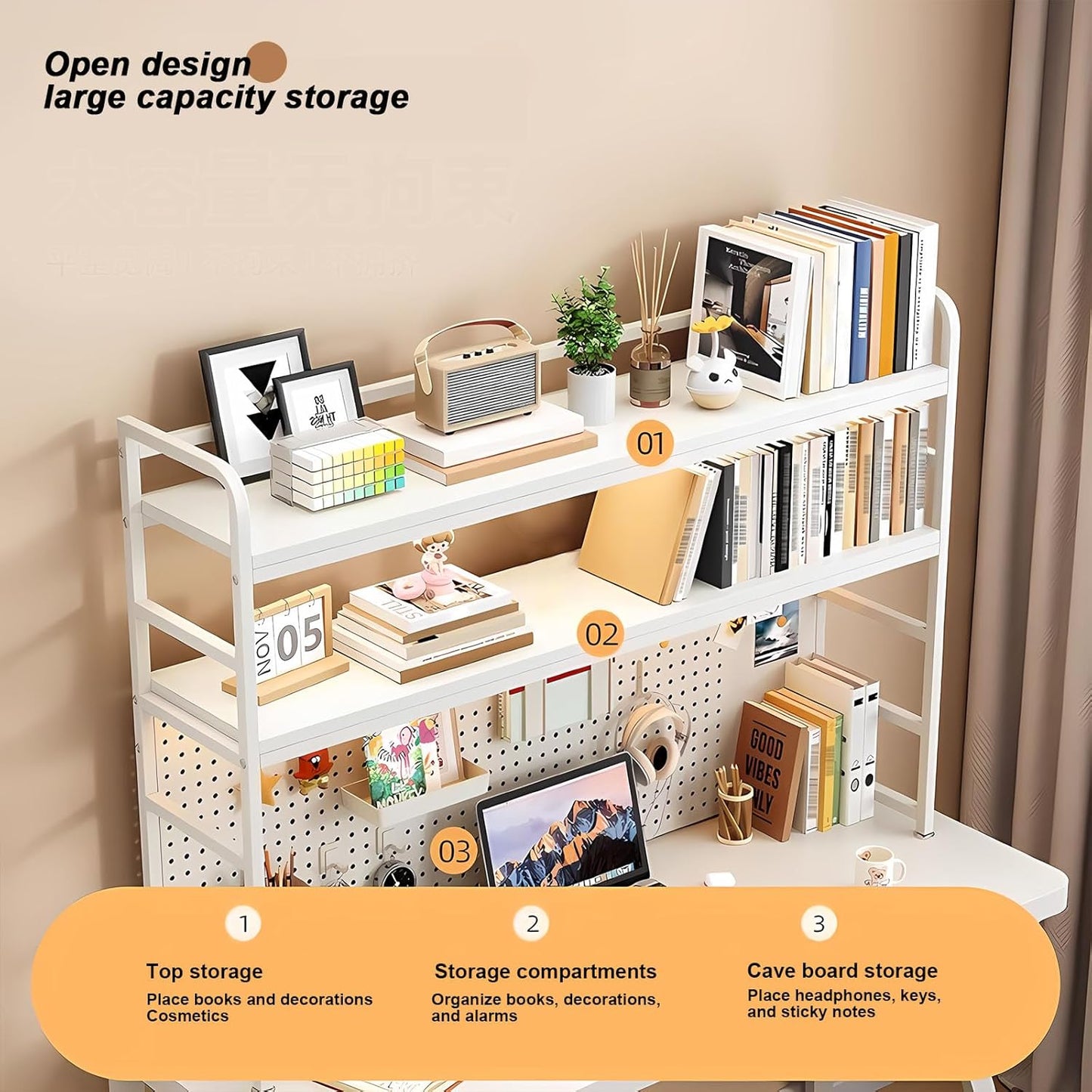 MDF Desk Hutch 2 Tier with Pegboard, Countertop Desktop Bookshelf, Storage Organizer Rack for Office, Home, Dormitory (white, 43.3in)