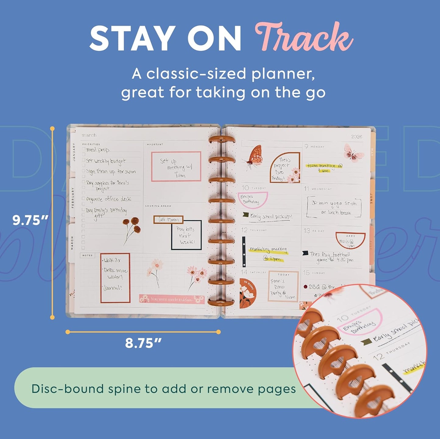 Happy Planner Disc-Bound Planner Jan.–Dec. 2026, Includes 3 Extra Months and 2 Sticker Sheets, Classic Size, 7" x 9.25", Dashboard Layout, Vintage Garden Tan