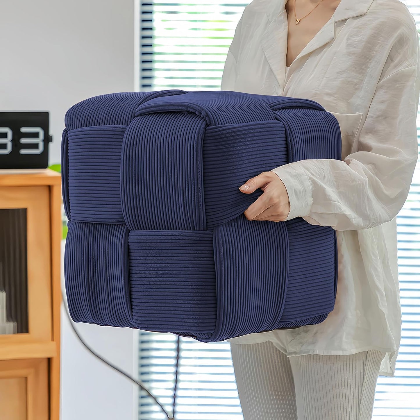 Ottoman Foot Rest Soft and Comfortable Ottoman Square Corduroy Woven Design Sofa Stool (Blue)