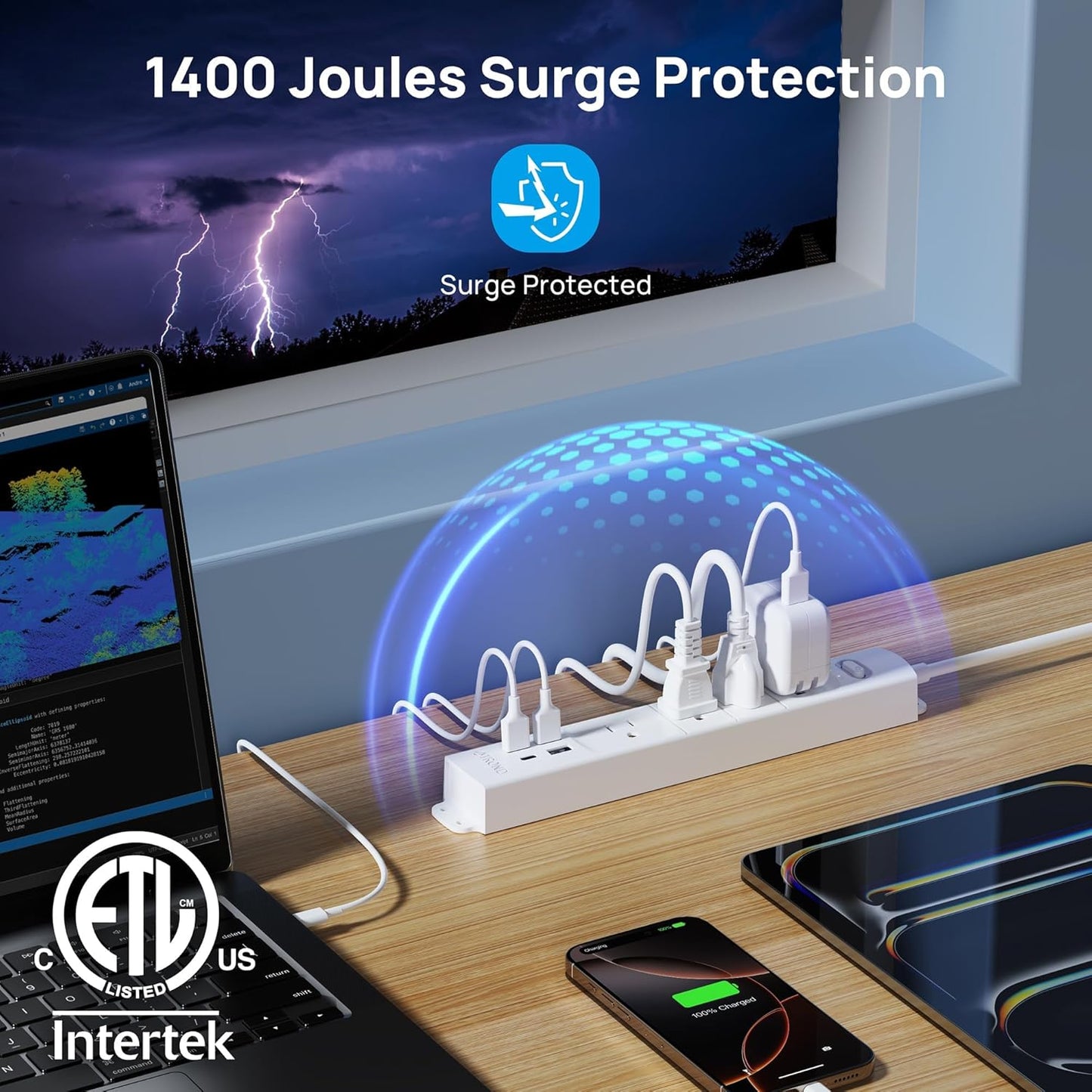 TROND Surge Protector Power Strip with USB, Ultra Thin Flat Plug 3ft Extension Cord 1625W, 3 USB A & 1 Type C, 4 AC Outlets 1440J Surge Protection ETL Listed, Wall Mount for Home Office Dorm, White