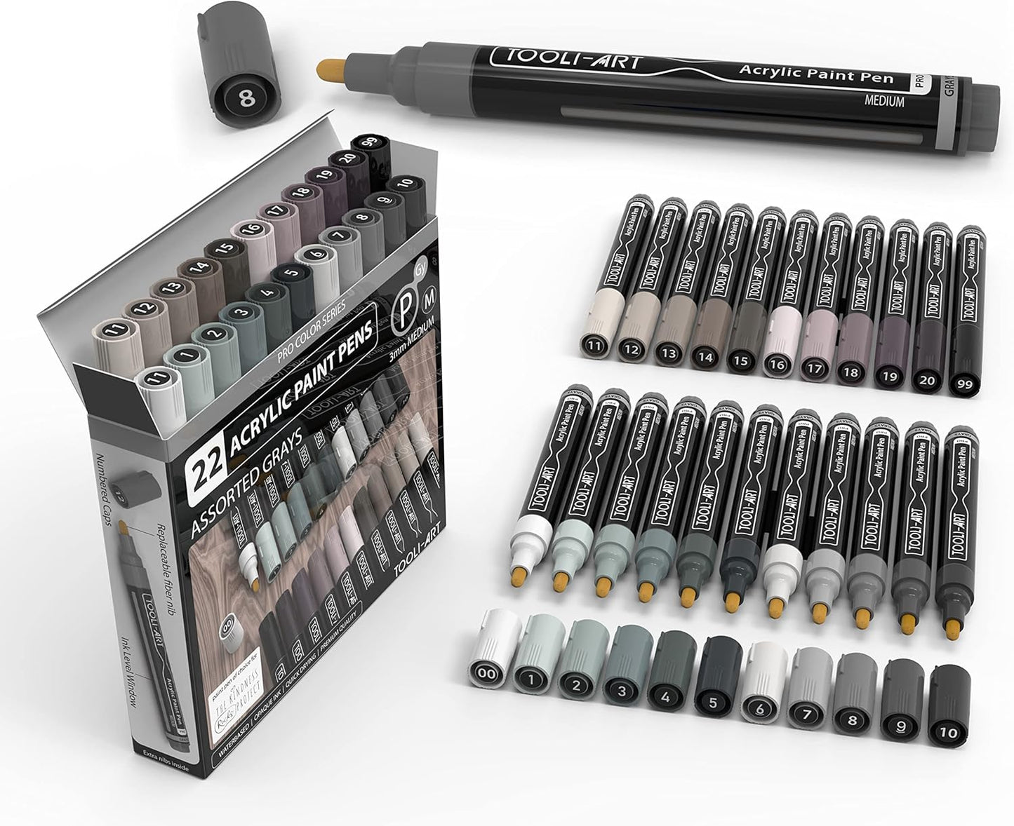 TOOLI-ART 22 Acrylic Paint Markers Paint Pens Pro Color Series Set 3mm Medium Tip for Rock Painting, Glass, Mugs, Wood, Metal, Glass Paint, Canvas, DIY. Non Toxic, Waterbased, Quick Drying (GRAYS)