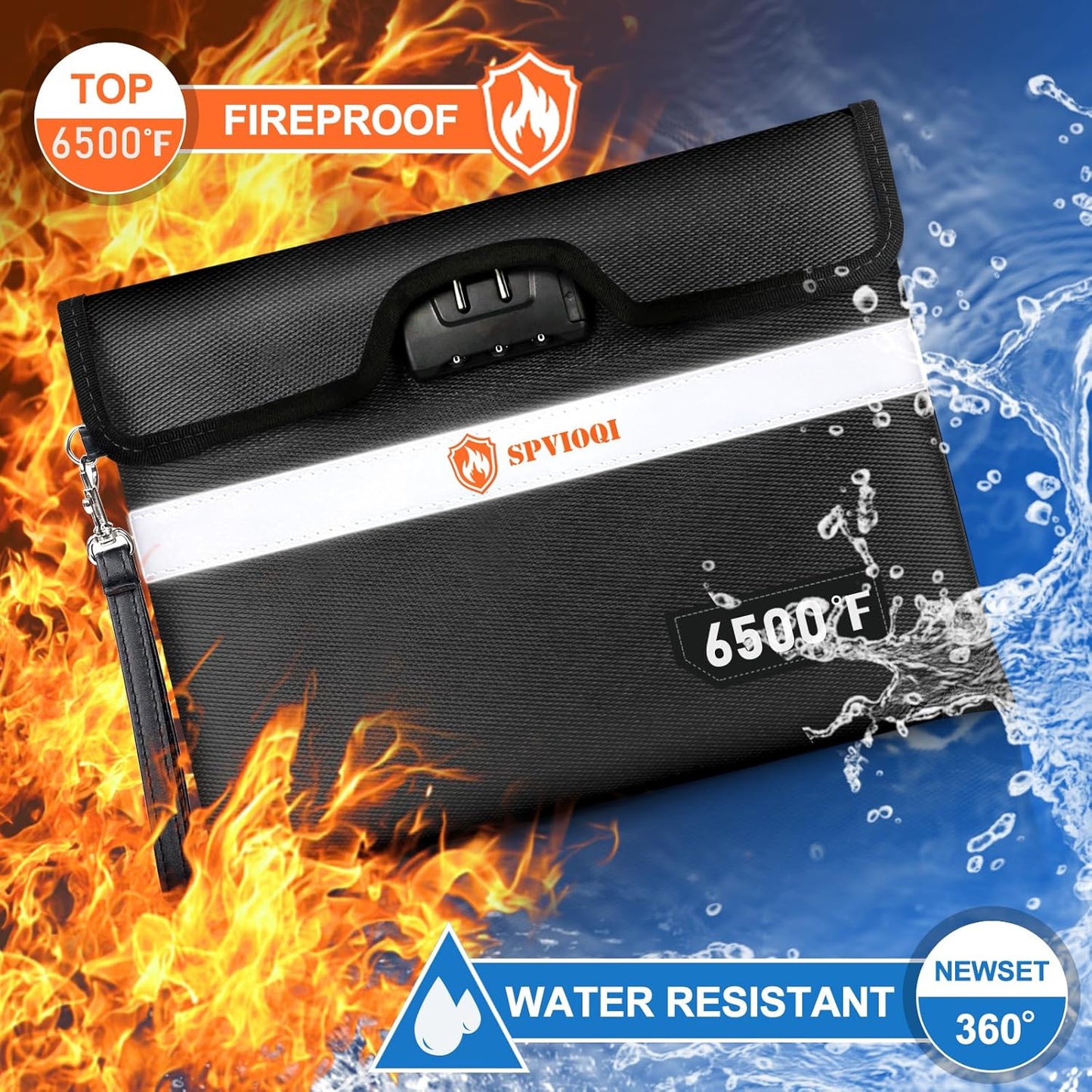 6500°F Upgraded Fireproof Document Bag with Lock, Fire proof Money Bag for Cash w. Zipper/Reflective Strip, 10 Layers of Heat Insulated Materials, Water Resistant Fireproof Bag for Documents, Fire Bag