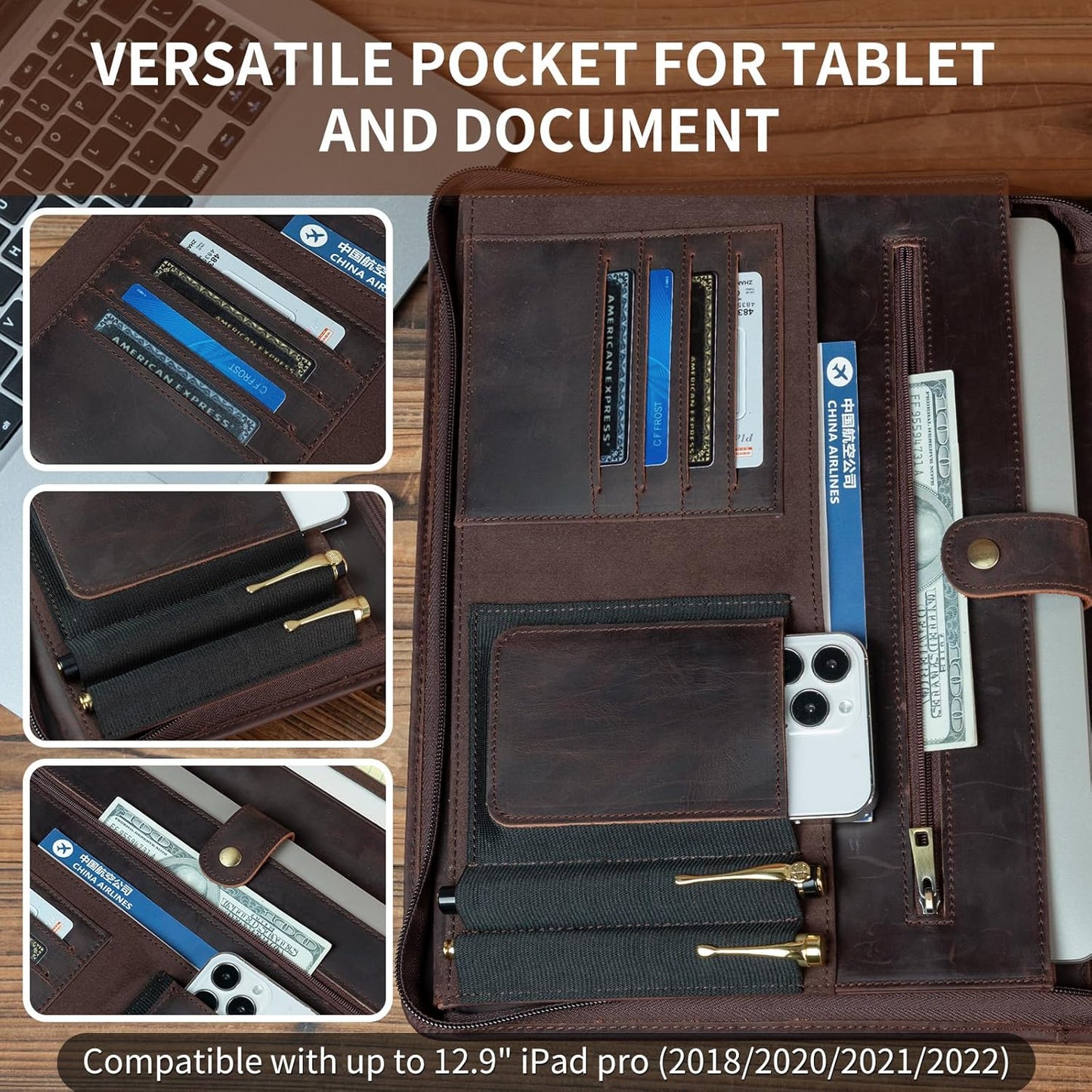 Handmade Vintage Crazy Horse Leather Portfolio Letter (A4) Size Notepad,Business Organizer Padfolio with Handle, for iPad Pro/Microsoft Surface Pro/13 inch Tablet (Non-Custom, Dark Brown)