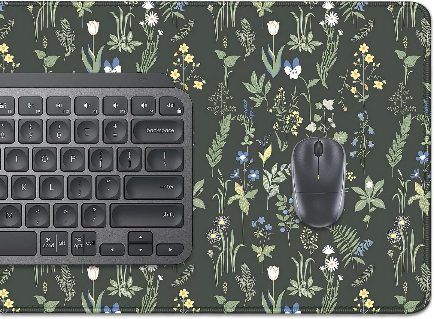 Green Plants Flowers Desk Pad Mouse Pad,Large Floral Mouse Mat with Stitched Edges,Non-Slip Rubber Base Elegant Mousepad for Office PC Keyboard Laptop and Home Work Desk Mat(27.5X11.8 in)