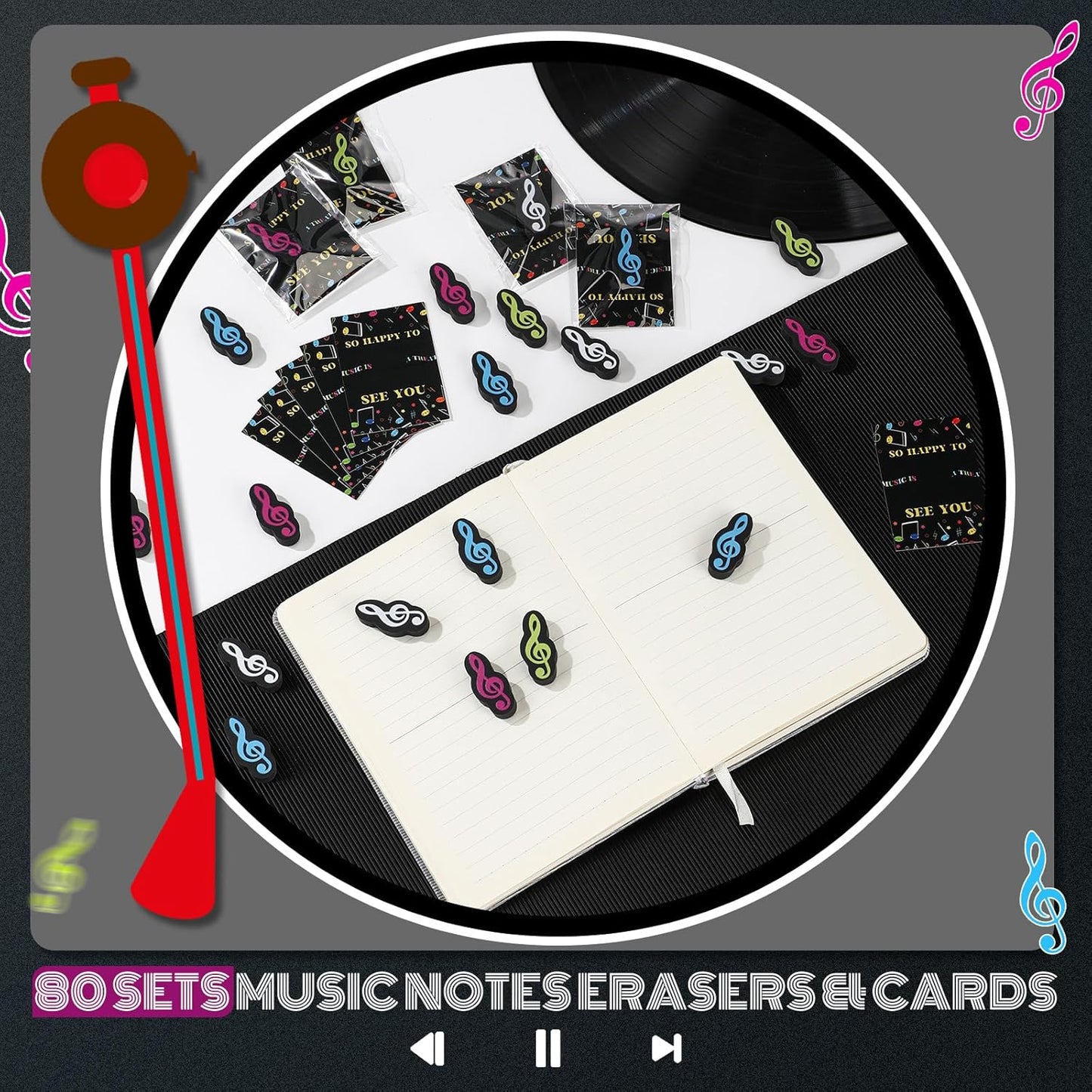 80 Sets Back to School Gifts for Students Funny Novelty Erasers Bulk Musical Note Erasers with Greeting Cards First of School Classroom Rewards from Teachers