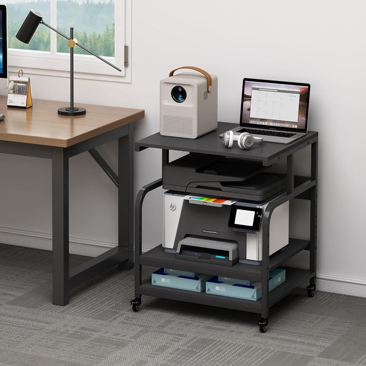 25.6" x 23.6" Extra Large Printer Stand Table with Adjustable Storage Shelf, 3 Tier Rolling Printer Cart with Industrial Wheels for Home Office, Black