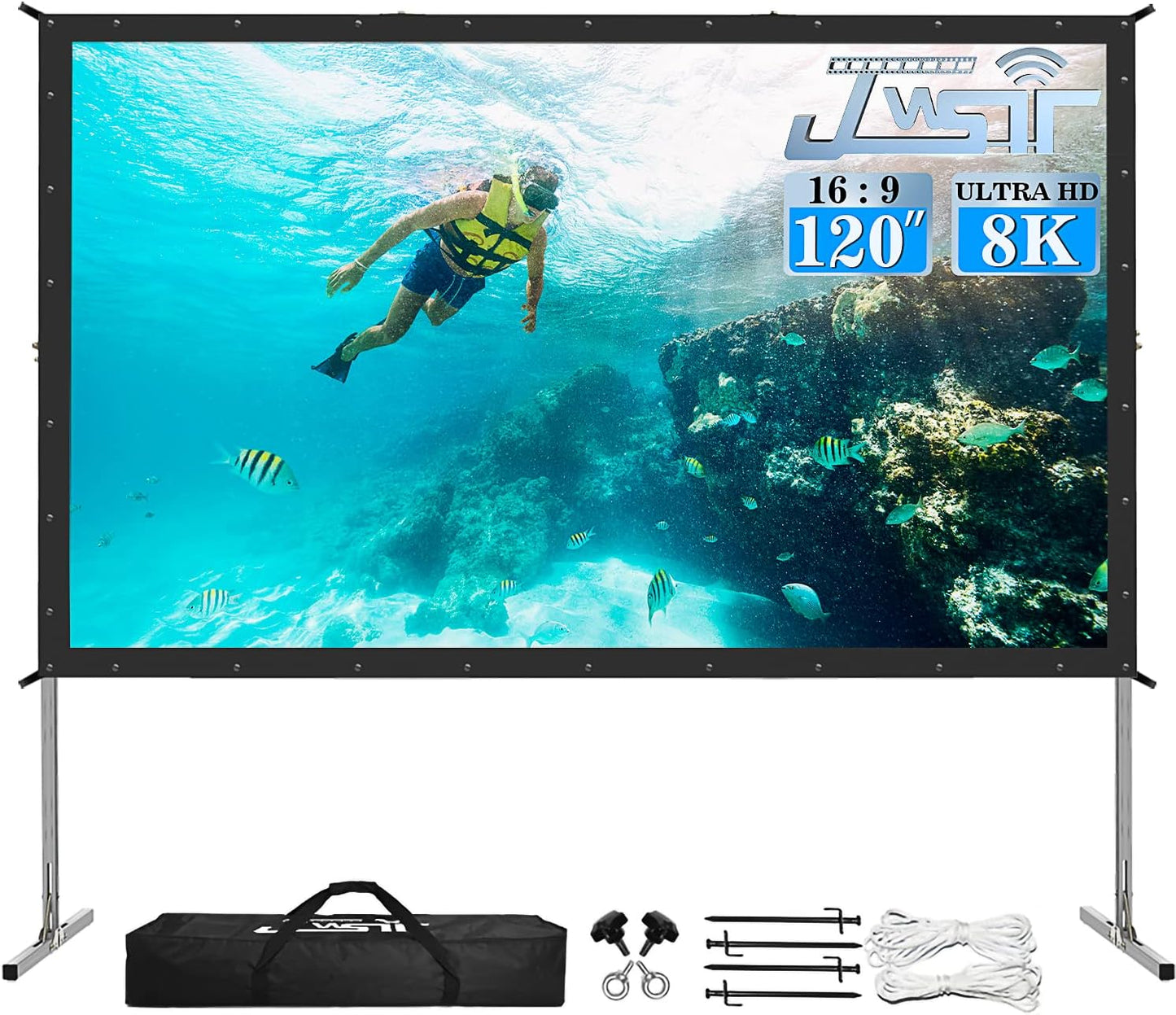 Projector Screen and Stand,JWSIT 120 inch Outdoor Movie Screen-Upgraded 3 Layers PVC 16:9 Outdoor Projector Screen,Video Projection Screen with Carrying Bag for Home Backyard(Rear Projection Screen)
