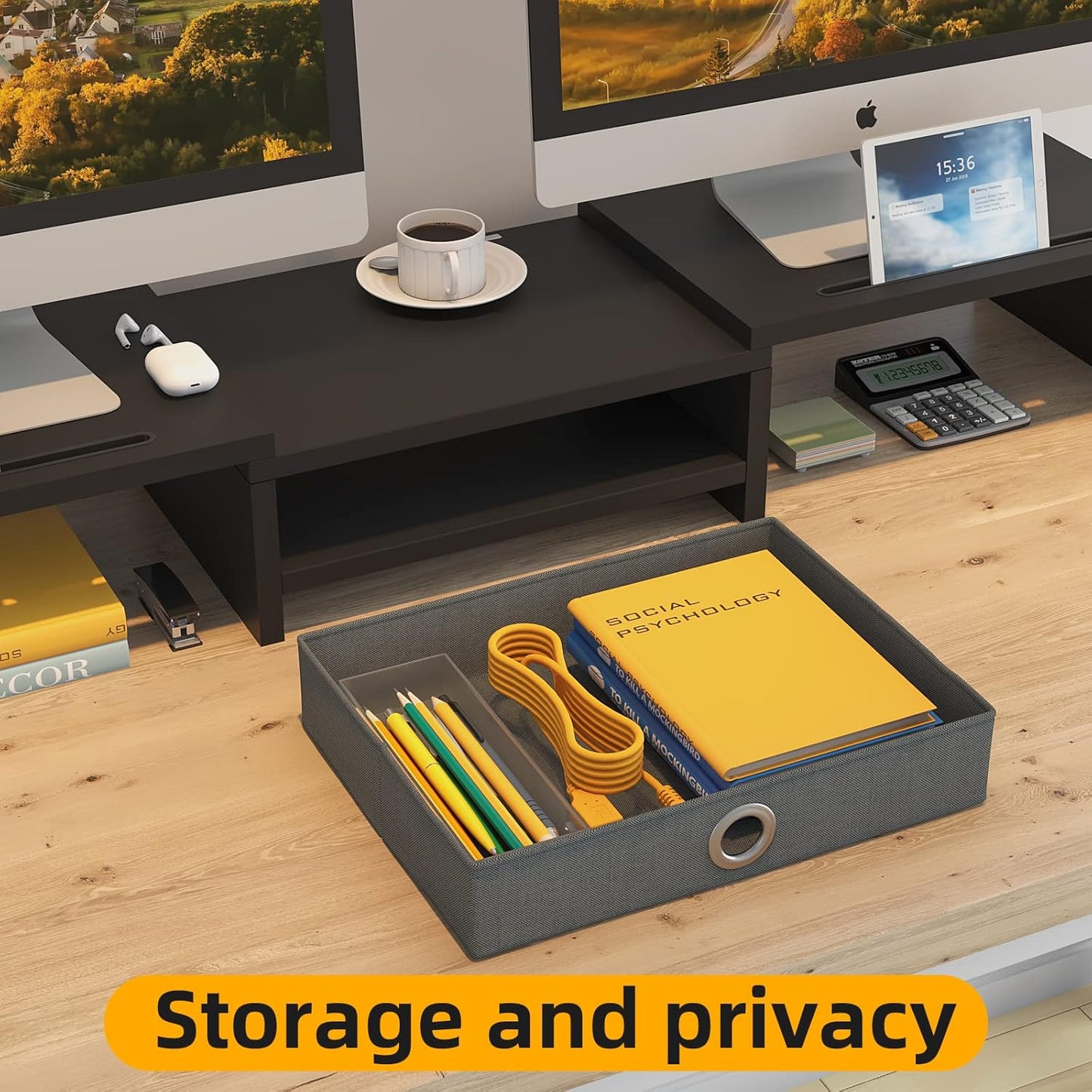 WESTREE Dual Monitor Stand Riser with Drawer, Adjustable Length and Angle Monitor 2 Solts for Phone & Tablet, Desktop Organizer Stand for Computer/Laptop/PC/Printer