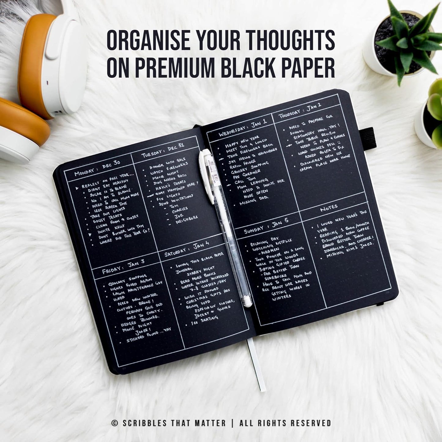 Black Paper Bullet Dotted Journal Notebook | B5 Starry Night by Scribbles That Matter | Free white gel pen | 160gsm Blackout no-bleed dot grid paper | For Men and Women | 7 x 10 in | White