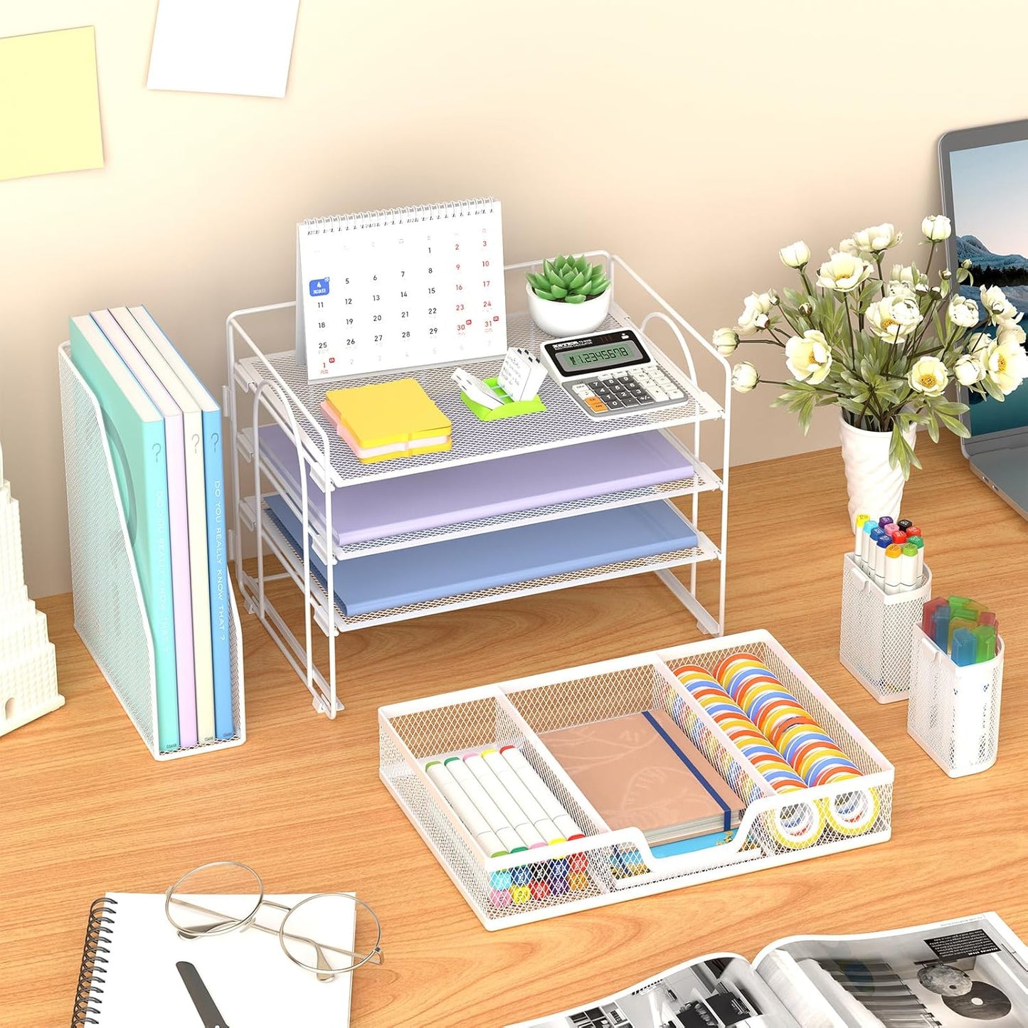 Marbrasse Desk Organizer and Accessories，4-Tier Paper Letter Tray Organizer with File Holder, Desk Accessories & Workspace Desk Organizers with Drawer and 2 Pen Holder (White, 15.4" x 9.1" x 8.3")