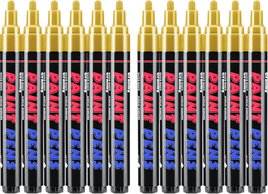 Gold Paint Pens Paint Markers - 12 Pack Permanent Quick Dry Waterproof Marker Pens for Rocks Wood Fabric Plastic Canvas Glass Mugs Metal Tire Stone