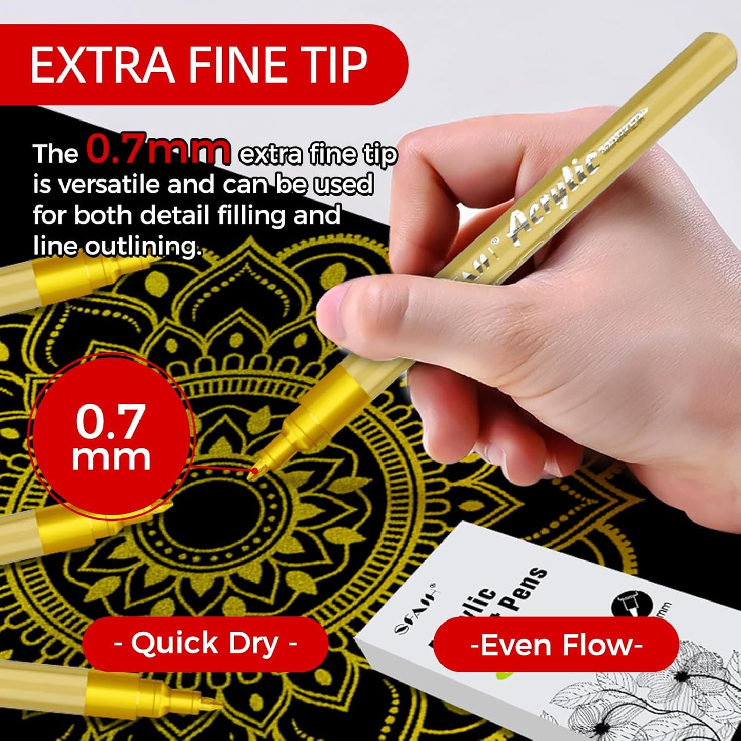 SFAIH Gold Paint Markers Pens - 4 Pack 0.7MM Fine Tip Metallic Acrylic Markers for Rock Painting, Wood, Metal, Fabric, Plastic, Canvas, Glass, Ceramic, Diy Crafts, Drawing, Tire