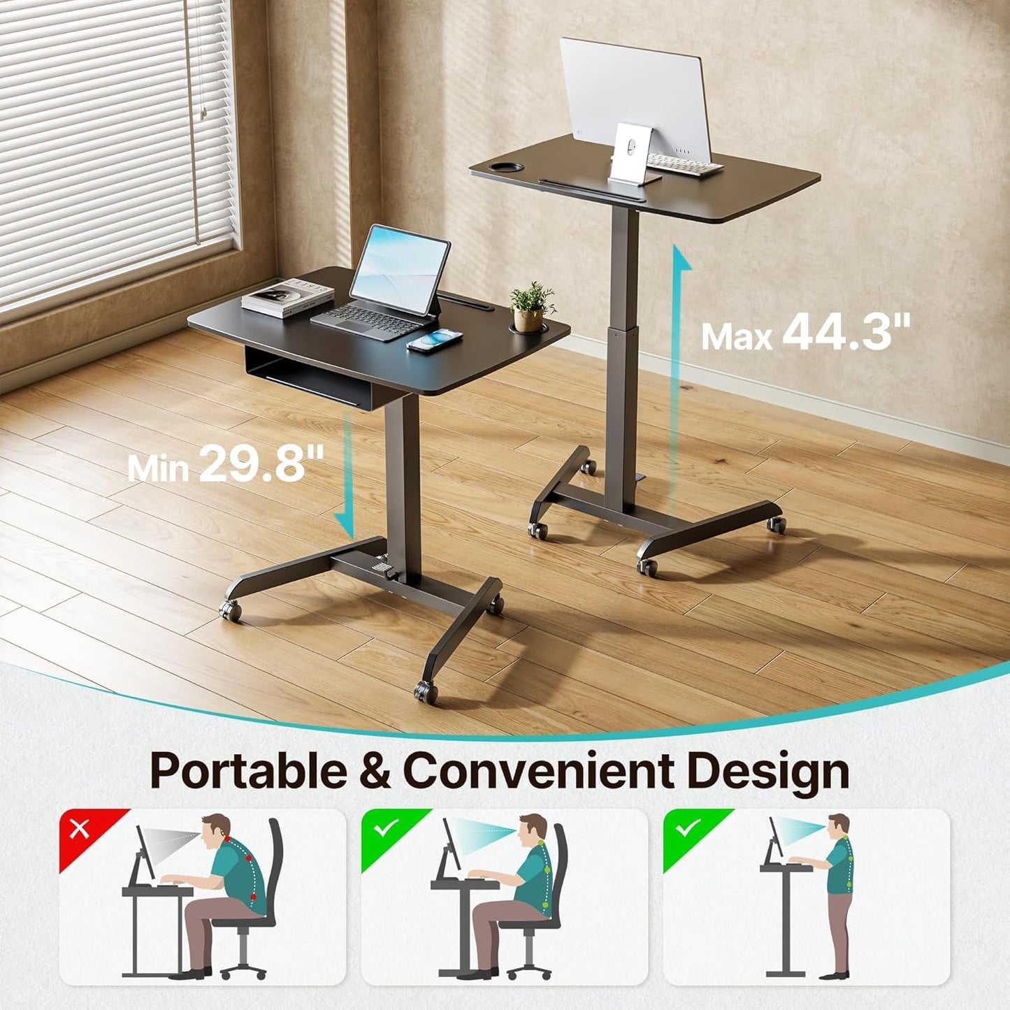 Standing Rolling Desk- 31.5' X 22' Extend Sanding Desk for Classroom, Height Adjsutable up to 44.3' Mobile Laptop Table with Wheels, Moveable Laptop Cart, Teacher Podium with Drawer, Black