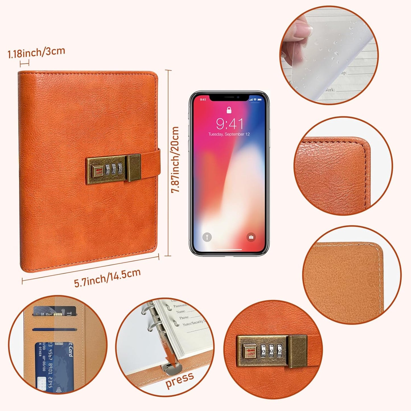 BTSFTOGET Small Password Book with Alphabetical tabs. 316 Pages Lockable Password Keeper Journal Notebook for Computer & Website Logins, Brown Leatherette Hardcover, 7.5in x 5.5in