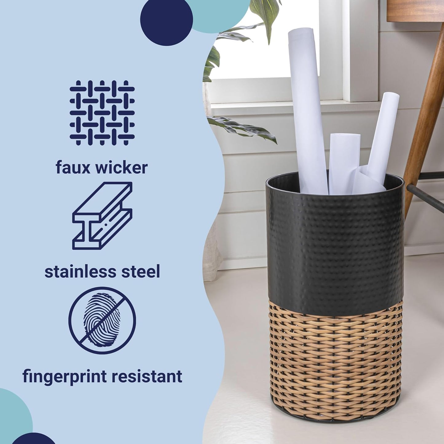 happimess HPM1102C Asher Modern 4.13-Gallon 2-Tone Faux Wicker/Metal Cylinder Waste Basket, Black/Natural for Home, Bathroom, Living Room, Office, Bedroom, Kitchen