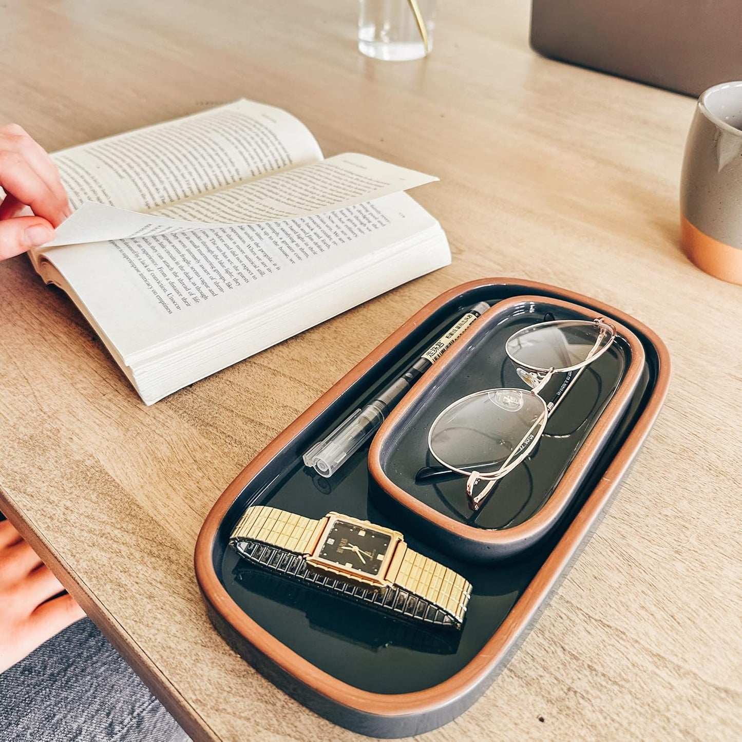 Mora Ceramic Decorative Tray - Rectangle 6.4in Dish for Jewelry, Perfume, Makeup, Accessories, Candle, in The Bathroom Vanity, Bedside, or Kitchen Counter. Cute Organizers - Black