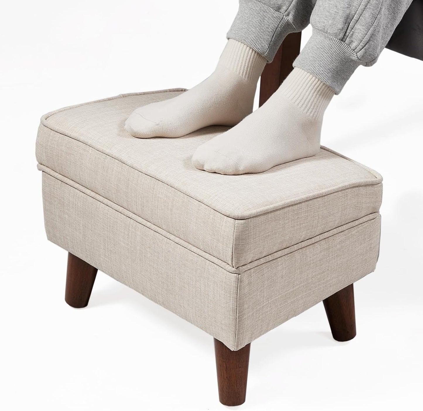 Ottoman Foot Rest, Small Footstool Ottoman with Storage, Modern Foot Stool with Adjustable Lid and Sturdy Wood Legs for Living Room, Bedroom, Couch, Enterway (Beige)