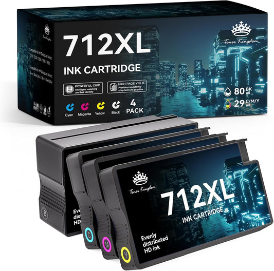 Toner Kingdom Remaunfactured for HP 712 Ink Cartridges Replacement for HP 712 712XL Works with HP DesignJet T210 T230 T630 T650 Studio Plotter Printers (4 Color Multipack: Black/Cyan/Magenta/Yellow)
