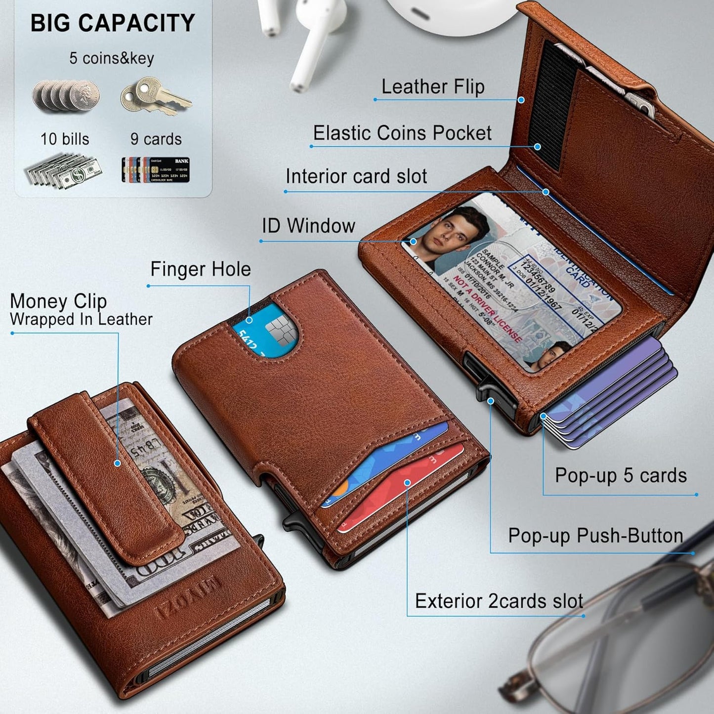Men Wallet,with Money Clip Coins Pocket ID Window,Slim Front Pocket RFID Blocking Pop-up Card Holder 3.9"x 2.7", Gift Boxed