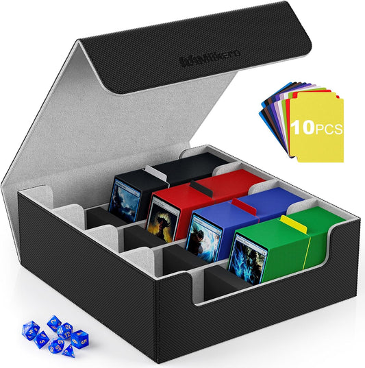 Mlikero Card Deck Case, 2400+ Trading Card Storage Box with 10 Colorful Dividers and 4 Foam Stoppers, Leather Magnetic Closure Commander Deck Box Fit for MTG, TCG (4 Rows, Black&Grey)