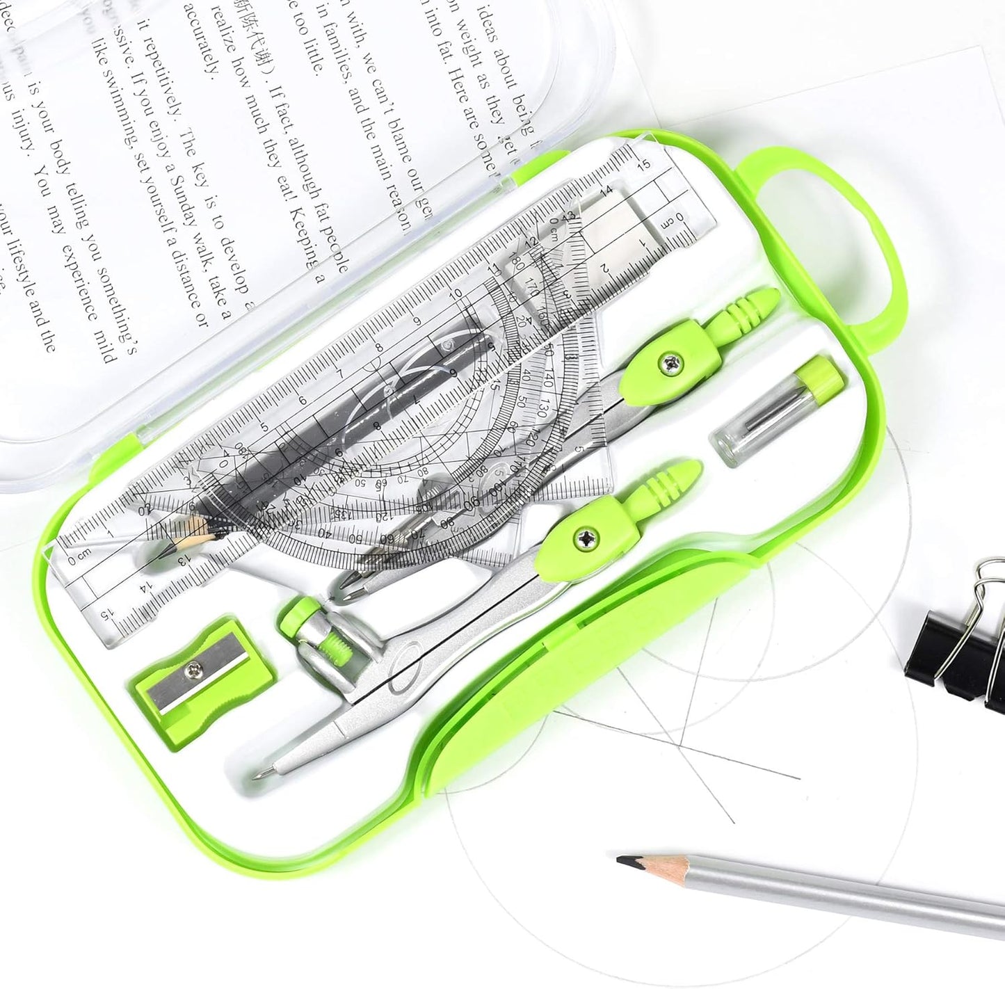 Math Geometry Kit Sets 10 Piece Student Supplies with Shatterproof Storage Box,Includes Rulers,Protractor,Compass,Eraser,Pencil Sharpener,Lead Refills,Pencil,for Drafting and Drawings（Green）