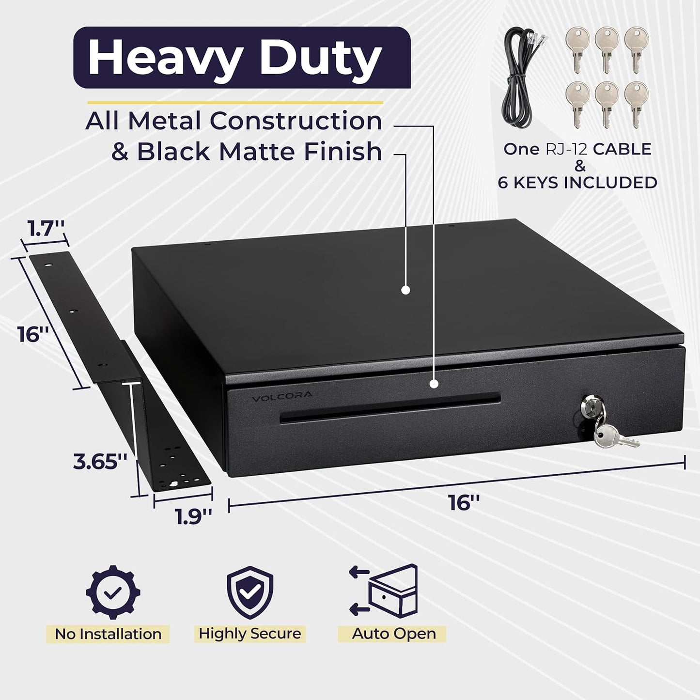 Volcora Cash Register Drawer with Under Counter Mounting Metal Bracket - 16" Black Cash Drawer for POS, 5 Bill 6 Coin Cash Tray, Removable Coin Compartment, 24V RJ11/RJ12 Key-Lock, Media Slot