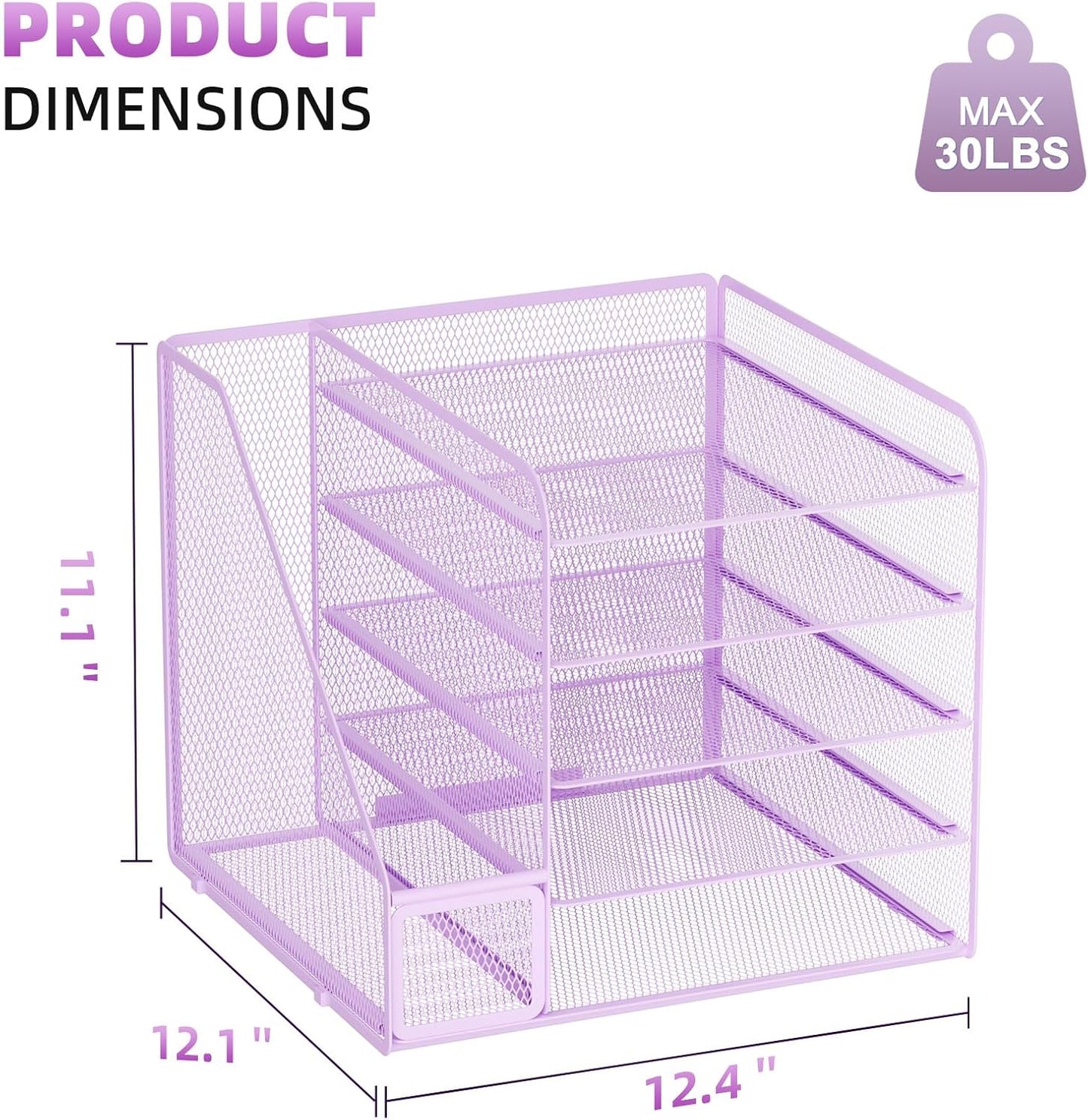 Marbrasse Desk Organizers and Accessories, 5-Tier Paper Letter Tray Organizer with File Holder, Mesh File Organizer, Office Desk Accessories & Organization for Supplies (Purple)