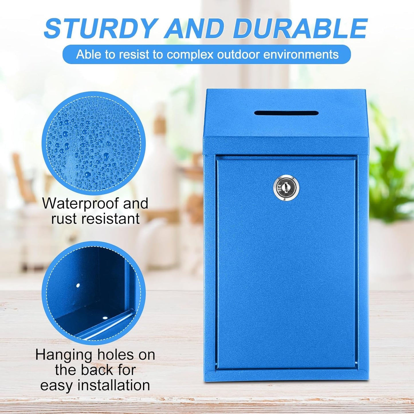 Metal Donation Cash Box Collection Safe Suggestion Box with Lock Wall Mounted Mailbox Delivery Ballot Container for Home Office Outdoor Door(Blue)