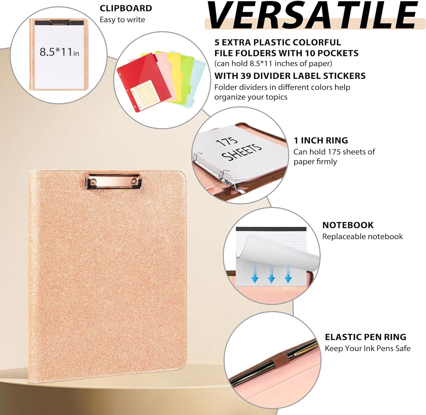 Leather Clipboard with Storage, Zippered Padfolio Portfolio Organizer, 3 Ring Binder 1 Inch, Notepad, Tablet Sleeve, 5 Dividers with Pocket, Stickets for Office, Nurses, Students, Teachers Rose Gold