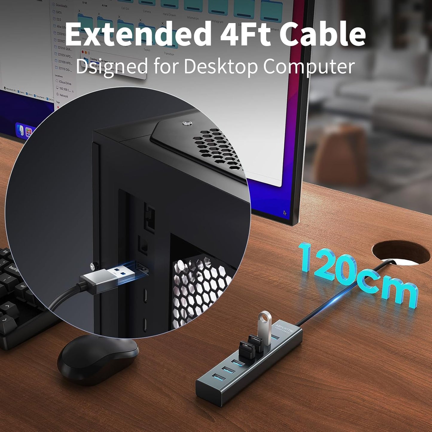 4Ft 7-Port USB 3.0 Hub for Desktop - Aluminium USB Extender Hub 5Gbps, USB Multiport Adapter, USB Splitter, USB Hub Long Cable for Desktop, PC, Flash Drive, Mobile HDD, Windows/XPS, 1.2m