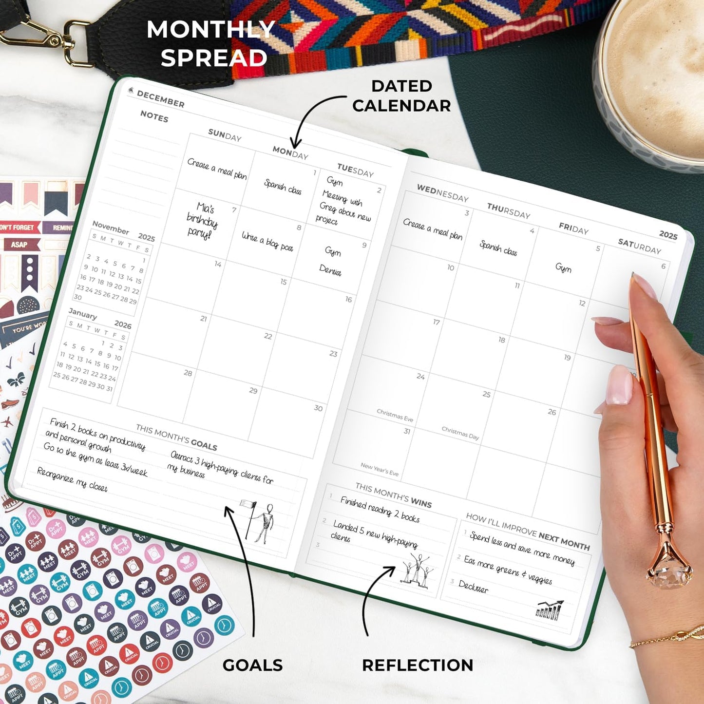 Clever Fox Dated Planner Premium 2025 – Weekly Agenda for Planning & Time Management –Notebook with Habit Tracker & To-do List (Forest Green)