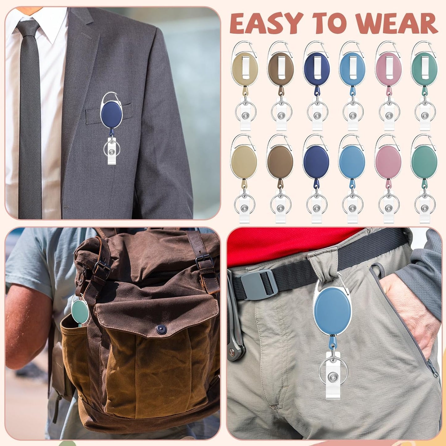6 Color 60 Pcs Retractable Badge Holder with Carabiner Clips and Key Ring ID Badge Holder Retractable Clip Bulk for Office Worker Doctor Nurse Employee School Students Gifts