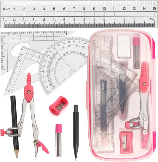 Geometry Compass Set Drafting Tools for School Students Geometry Compass Kit with Protractor, Set Squares, and Ruler Organized in a Plastic Case for Math Sarter and Homework – Stylish Pink