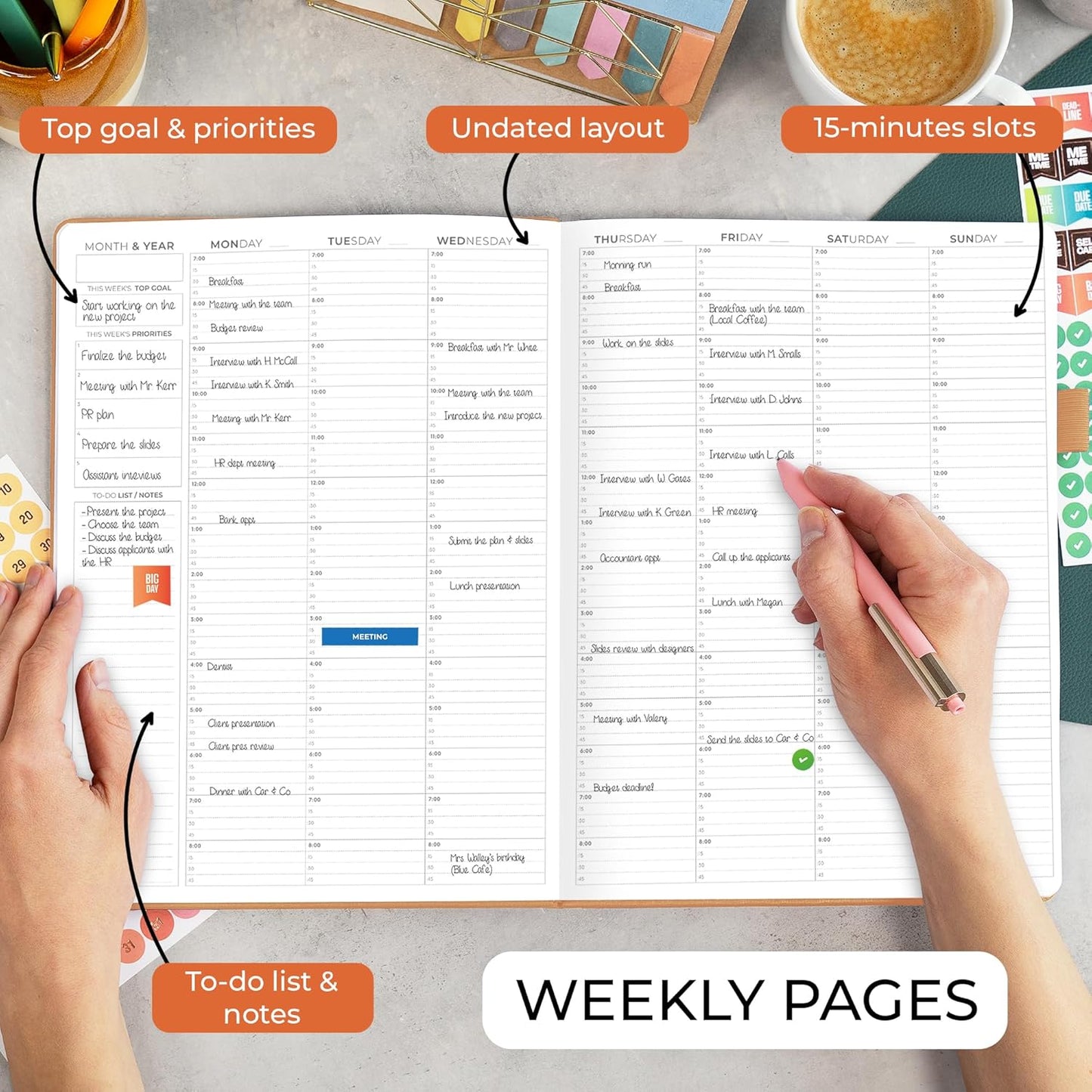 Clever Fox Appointment Book – Hourly Schedule Planner with 15-Minute Increments – Time Box Planner for Daily Work & To-Dos – Weekly & Monthly Spreads, Undated, Hardcover, 8.3x11″ (Sandstone)